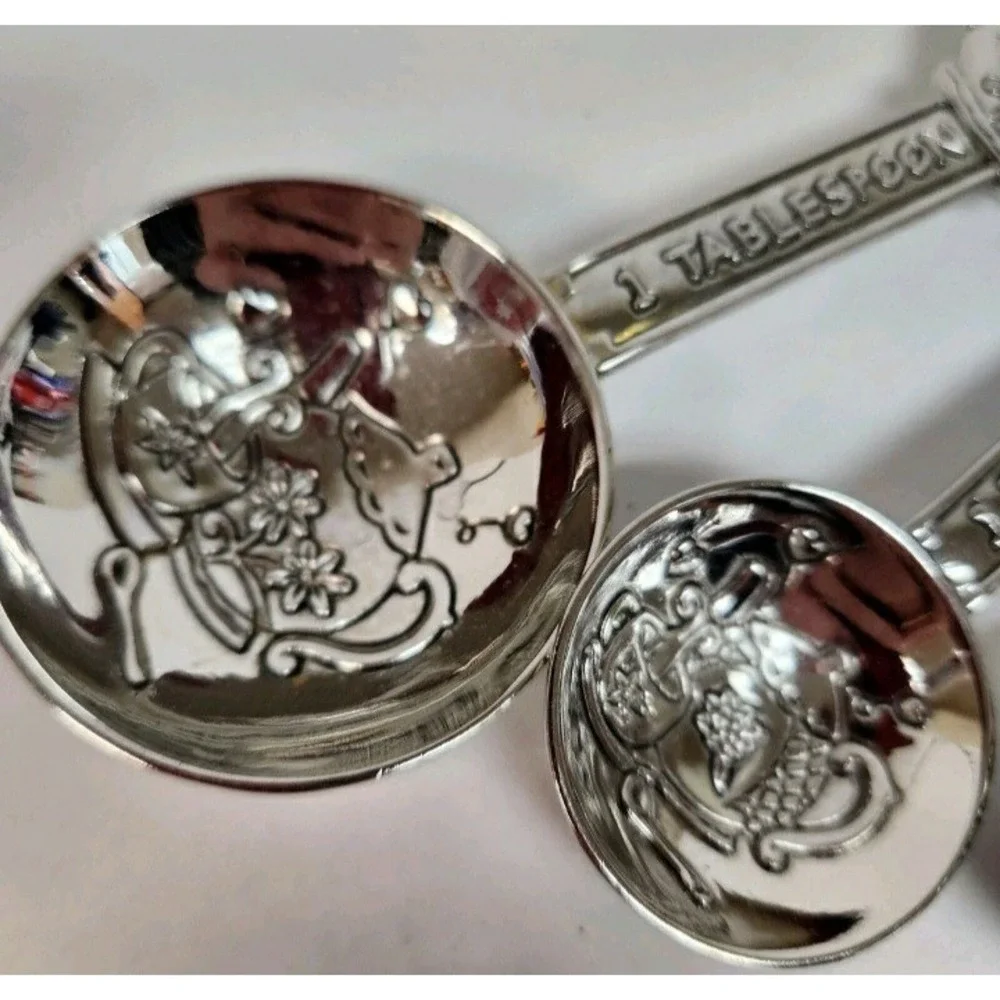 Teapot hearts silver tone Measuring Spoons set kitchen cooking baking cottage